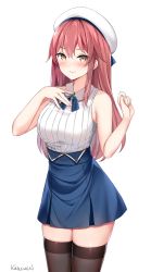 Rule 34 | 1girl, bare arms, bare shoulders, beret, black thighhighs, blue skirt, blush, breasts, closed mouth, collared shirt, cowboy shot, hair between eyes, hand on own chest, hands up, hat, high-waist skirt, highres, kaetzchen, large breasts, liliya (kaetzchen), long hair, looking at viewer, neck ribbon, original, pink hair, ribbed shirt, ribbon, shirt, shirt tucked in, sidelocks, simple background, skindentation, skirt, sleeveless, sleeveless shirt, smile, solo, standing, thighhighs, thighs, white background, white hat, white shirt, yellow eyes, zettai ryouiki