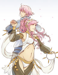 Rule 34 | 1boy, 1girl, alternate hair color, armlet, armpits, bare shoulders, blue gloves, braid, bridal gauntlets, closed eyes, commentary, detached pants, detached sleeves, earrings, fingerless gloves, fire emblem, fire emblem awakening, gloves, gradient background, hair between eyes, hairband, hetero, holding hands, inigo (fire emblem), jewelry, long hair, looking back, midriff, mother and son, navel, nintendo, olivia (fire emblem), petals, pink hair, ponytail, scarf, see-through, smile, tea-and-dreams, thighhighs, twin braids