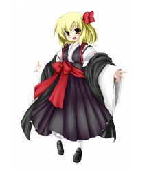 Rule 34 | 1girl, alternate costume, blonde hair, blush, detached sleeves, hair ribbon, nanpuu, open mouth, outstretched arms, red eyes, ribbon, rumia, short hair, simple background, smile, solo, spread arms, touhou, white background, wide sleeves