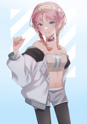 Rule 34 | 1girl, arknights, arm up, bare shoulders, black leggings, blue background, blue eyes, blue poison (arknights), blue poison (shoal beat) (arknights), blue shorts, braid, breasts, character name, choker, cleavage, commentary request, earrings, hairband, highres, jacket, jewelry, leggings, leggings under shorts, midriff, navel, off shoulder, official alternate costume, pantyhose, pearl earrings, pink choker, pink hair, pink neckwear, sena iroiro, shorts, small breasts, solo, spaghetti strap, sports bra, twin braids, white hairband, white jacket