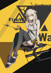 Rule 34 | 1girl, alternate hairstyle, antlers, arknights, arrow (projectile), bare arms, bare shoulders, black choker, black footwear, black gloves, black hairband, black panties, black thighhighs, caution tape, character name, choker, collarbone, commentary request, dress, fingerless gloves, firewatch (arknights), firewatch (wilted cypress) (arknights), gloves, grey dress, grey eyes, hair down, hair flaps, hairband, hand up, highres, holding, horns, keep out, knees up, leris muma, long hair, looking at viewer, official alternate costume, panties, pantyshot, shoes, short dress, sidelocks, silver hair, sitting, sleeveless, sleeveless dress, solo, spaghetti strap, thighhighs, underwear, yellow background
