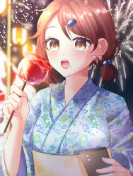 Rule 34 | 1girl, :o, aerial fireworks, blue kimono, blurry, blurry background, blush, brown eyes, brown hair, candy apple, cellphone, clip studio paint (medium), commentary request, depth of field, fireworks, floral print, food, hair bobbles, hair ornament, hairclip, hands up, holding, holding food, holding phone, japanese clothes, kimono, lantern, long hair, low twintails, misaki (misaki86), obi, open mouth, original, parted bangs, phone, print kimono, red lips, sash, solo, teeth, twintails, upper body, upper teeth only