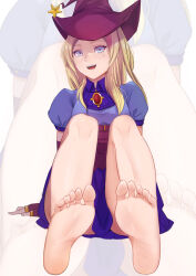 Rule 34 | 1girl, absurdres, barefoot, blonde hair, blue eyes, commission, feet, hat, highres, long hair, looking at viewer, mole, mole under eye, open mouth, pixiv commission, purple hat, soles, toes, witch hat
