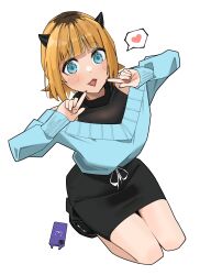 Rule 34 | 1girl, absurdres, black skirt, blonde hair, blue eyes, blue sweater, blunt bangs, blush, cellphone, demon horns, fake horns, fang, heart, highres, horns, lewdrawings, long sleeves, looking at viewer, mem-cho, multicolored hair, nail polish, off-shoulder sweater, off shoulder, open mouth, oshi no ko, phone, puffy sleeves, roots (hair), short hair, sidelocks, simple background, sitting, skirt, smile, solo, speech bubble, sweater, white background
