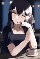 Rule 34 | 1girl, arm up, black dress, black hair, black nails, blurry, blurry background, breasts, chair, closed mouth, collarbone, cup, dandelion (girls&#039; frontline), dress, girls&#039; frontline, hair ornament, hairclip, highres, hinami047, lips, long hair, looking at viewer, medium breasts, nail polish, short sleeves, sitting, solo, table, upper body, yellow eyes