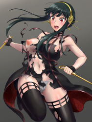 Rule 34 | 1girl, 2sen4hyaku, bare shoulders, black dress, black footwear, black gloves, black hair, black thighhighs, blush, boots, breasts, commentary request, dagger, dress, dual wielding, earrings, fingerless gloves, floral print, flower, gloves, gluteal fold, gold earrings, gold hairband, golden rose, grey background, hair flower, hair ornament, hairband, highres, holding, holding dagger, holding knife, holding weapon, jewelry, knife, lace, lace panties, large breasts, lingerie, lipstick, makeup, navel, nipples, off-shoulder dress, off shoulder, one breast out, open mouth, panties, red dress, red eyes, red lips, round teeth, short hair with long locks, side-tie panties, simple background, solo, spy x family, standing, standing on one leg, surprised, teeth, thigh boots, thighhighs, thighs, tongue, torn clothes, torn dress, torn thighhighs, two-sided dress, two-sided fabric, underwear, upper teeth only, weapon, white panties, wide-eyed, yor briar