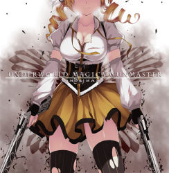 Rule 34 | 1girl, black thighhighs, blonde hair, breasts, caidychen, character name, cleavage, detached sleeves, drill hair, dual wielding, english text, fingerless gloves, gloves, gun, head out of frame, holding, large breasts, light smile, magical girl, magical musket, mahou shoujo madoka magica, mahou shoujo madoka magica (anime), mami mogu mogu, ornate, parody, rifle, short hair, skindentation, smile, solo, thighhighs, tomb raider, tomoe mami, torn clothes, torn thighhighs, twintails, weapon, zettai ryouiki