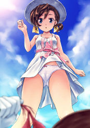 Rule 34 | 1girl, :o, blue eyes, blue sky, blurry, blush, bow, bow panties, breasts, brown hair, cameltoe, cleavage, day, depth of field, dress, from below, gegege no kitarou, gloves, hat, inuyama mana, looking at viewer, michi, open mouth, panties, pink bow, short ponytail, sky, sleeveless, sleeveless dress, solo focus, standing, sundress, underwear, upskirt, white dress, white gloves, white panties, wind, wind lift