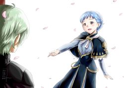 Rule 34 | 1boy, 1girl, absurdres, armor, blue dress, blue hair, blush, braid, brown eyes, buttons, byleth (fire emblem), byleth (male) (fire emblem), crown braid, double-breasted, dress, fire emblem, fire emblem: three houses, from behind, highres, kagura oni, marianne von edmund, nintendo, open mouth, petals, simple background, smile, upper body, white background