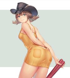 Rule 34 | 1girl, anbe yoshirou, arms behind back, ass, bare arms, bare shoulders, breasts, brown hair, closed mouth, commentary request, cowboy hat, dress, final fantasy, final fantasy viii, flipped hair, from behind, green eyes, hat, highres, holding, lips, looking at viewer, looking back, medium breasts, overalls, selphie tilmitt, short dress, short hair, simple background, smile, solo, yellow dress, yellow overalls