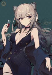 Rule 34 | 1girl, alcohol, animal ear fluff, animal ears, arknights, bare shoulders, black choker, black dress, black nails, breasts, brown eyes, cat ears, champagne flute, choker, commentary, cowboy shot, cup, dress, drinking glass, eyeshadow, hair between eyes, hand up, highres, holding, holding cup, long hair, looking at viewer, makeup, medium breasts, mongarit, nail polish, off shoulder, revision, schwarz (arknights), side slit, silver hair, solo, spaghetti strap, standing, thigh strap, wine