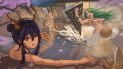Rule 34 | 3girls, anger vein, animal ears, arknights, blue hair, blush, brown hair, censored, censored nipples, ch&#039;en (arknights), convenient censoring, covering breasts, covering privates, dragon horns, female focus, green hair, hannya (arknights), horns, hoshiguma (arknights), long hair, multiple girls, nude, omglolimbored, one eye closed, onsen, single horn, skin-covered horns, steam, swire (arknights), tiger ears, towel, water