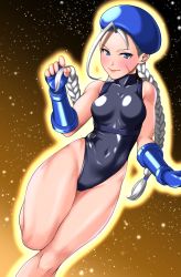 Rule 34 | 1girl, absurdres, alternate color, antenna hair, bare legs, beret, black leotard, blonde hair, blue eyes, blue gloves, blue hat, braid, cammy white, capcom, chest harness, commentary request, curvy, facial scar, fingerless gloves, gloves, harness, hat, highleg, highleg leotard, highres, legs together, leotard, long hair, looking at viewer, pleasure-treasure, scar, scar on cheek, scar on face, shiny skin, solo, street fighter, street fighter ii (series), thighs, turtleneck, twin braids, wide hips