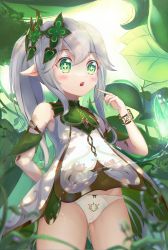 Rule 34 | 1girl, absurdres, bracelet, chou (1092086648), commentary request, detached sleeves, forest, genshin impact, green eyes, grey hair, hair between eyes, hair ornament, highres, jewelry, long hair, looking at viewer, nahida (genshin impact), nature, panties, parted lips, short sleeves, side ponytail, sidelocks, solo, sunlight, symbol-shaped pupils, underwear, white panties
