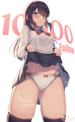 Rule 34 | 1girl, black hair, black skirt, black thighhighs, blue eyes, blunt bangs, blush, body writing, bow, bow panties, breasts, clenched hands, cowboy shot, embarrassed, english text, female focus, from below, frown, furrowed brow, groin, highres, kamuchin soda, lifting own clothes, long hair, long sleeves, looking at viewer, looking down, medium breasts, midriff, milestone celebration, neckerchief, original, panties, pleated skirt, red neckerchief, sailor collar, school uniform, serafuku, simple background, skindentation, skirt, solo, standing, steaming body, thank you, thighhighs, underwear, upskirt, white background, white panties