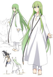 Rule 34 | 1girl, 1other, androgynous, black hair, breasts, collarbone, commentary request, enkidu (fate), fate/grand order, fate/strange fake, fate (series), green eyes, green hair, hair between eyes, ishtar (fate), jewelry, long hair, looking at viewer, multiple views, robe, shiseki hirame, single thighhigh, smile, solo focus, thighhighs, two side up, weapon, white thighhighs, wolf