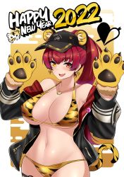 Rule 34 | 1girl, 2022, absurdres, altronage, animal ears, animal hands, animal print, bikini, black jacket, breasts, chinese zodiac, cleavage, collarbone, earrings, gloves, heart, heart earrings, heart necklace, heterochromia, highres, hololive, houshou marine, houshou marine (summer), jacket, jewelry, large breasts, midriff, navel, necklace, off shoulder, open mouth, paid reward available, paw gloves, ponytail, red eyes, red hair, solo, swimsuit, tail, tiger ears, tiger print, tiger stripes, tiger tail, virtual youtuber, year of the tiger, yellow eyes