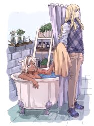 Rule 34 | 1boy, 1girl, alternate costume, animal ears, argyle, argyle clothes, argyle sweater vest, arm at side, basket, bath, bathing, bathroom, bathtub, blonde hair, blue eyes, blue shirt, blue socks, blue sweater vest, body markings, brick wall, brown pants, caenis (fate), casual, claw foot bathtub, closed mouth, dark-skinned female, dark skin, ears down, fate/grand order, fate (series), flower, hair between eyes, hair intakes, hand up, highres, holding, holding towel, horse ears, indoors, kirschtaria wodime, long hair, long sleeves, looking at another, looking to the side, nail polish, nude, pants, parted lips, plant, potted plant, print socks, shampoo bottle, shelf, shirt, shower curtain, slippers, socks, standing, star (symbol), star print, sweater vest, tile floor, tiles, towel, tsengyun, water, wet, wet hair, white flower, white hair, white nails