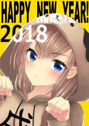 Rule 34 | 1girl, 2018, :&lt;, absurdres, animal hood, aonegi, blue eyes, blush, brown hair, close-up, closed mouth, dog hood, drawstring, hands up, happy new year, highres, hood, hood up, hoodie, long hair, long sleeves, looking at viewer, new year, original, paw pose, simple background, solo, translated, upper body, yellow background