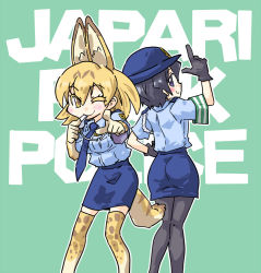 Rule 34 | 10s, 2girls, alternate costume, animal ears, aqua background, ass, black gloves, black hair, blue eyes, colored eyelashes, commentary request, female service cap, gloves, hat, kaban (kemono friends), kemono friends, looking at viewer, miniskirt, multiple girls, necktie, pantyhose, pencil skirt, pointing, pointing at viewer, police, police hat, police uniform, policewoman, seki (red shine), serval (kemono friends), serval print, serval tail, short hair, skirt, smile, tail, uniform, wavy hair, whistle, yellow eyes