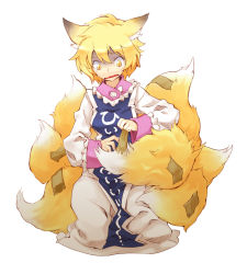 Rule 34 | 1girl, animal ears, blonde hair, expressive clothes, female focus, fox ears, fox tail, gloom (expression), multiple tails, nerugal, no headwear, seiza, short hair, simple background, sitting, solo, tail, tape, touhou, yakumo ran, yellow eyes