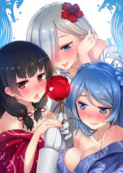 Rule 34 | 10s, 3girls, absurdres, admiral (kancolle), black hair, blue eyes, blue hair, blush, breasts, candy apple, cleavage, double bun, flower, food, hair flower, hair ornament, hamakaze (kancolle), highres, hjz (artemi), isokaze (kancolle), japanese clothes, kantai collection, kimono, large breasts, licking, long hair, multiple girls, off shoulder, saliva, saliva trail, sexually suggestive, sweat, tongue, tongue out, urakaze (kancolle), white hair, yukata