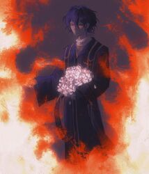 Rule 34 | 1boy, absurdres, bouquet, chinese commentary, closed mouth, commentary request, cowboy shot, dongjingchihuoshizhigezi, fire, flower, hair between eyes, highres, holding, holding bouquet, long sleeves, male focus, purple eyes, purple hair, purple robe, robe, rose, saibou shinkyoku, shirt, short hair, solo, stole, utsugi noriyuki, white flower, white rose, white shirt, wide sleeves