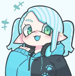Rule 34 | +++, 1girl, black hoodie, blue hair, blue hoodie, blue tongue, colored tongue, eyebrow cut, fang, green eyes, headphones, headphones around neck, hekoningyou (waraningyou), hood, hoodie, inkling, inkling girl, inkling player character, looking at viewer, nintendo, open mouth, paw print, pointy ears, solo, splatoon (series), twintails, upper body, white background