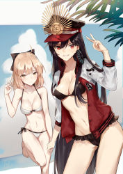 Rule 34 | &gt;:d, 2girls, :d, ahoge, aiko (kanl), bad id, bad pixiv id, bare arms, bare shoulders, bikini, black bikini, black bow, black hair, black headwear, blonde hair, blue sky, blush, bow, breasts, cleavage, cloud, cloudy sky, collarbone, contrapposto, cowboy shot, day, fate/grand order, fate (series), frilled bikini, frills, grin, hair bow, halterneck, hand up, hat, headphones, headphones around neck, highres, holding hands, jacket, koha-ace, leg up, long hair, long sleeves, looking at viewer, medium breasts, multiple girls, navel, oda nobunaga (fate), oda nobunaga (koha-ace), okita souji (fate), okita souji (koha-ace), open clothes, open jacket, open mouth, palm leaf, parted lips, peaked cap, red eyes, red jacket, short hair, signature, sky, smile, standing, standing on one leg, stomach, swimsuit, teeth, unbuttoned, v, v-shaped eyebrows, white bikini, yellow eyes