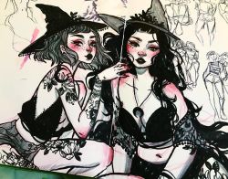 Rule 34 | arm tattoo, belly, black hat, black lips, black shirt, breasts, commentary, crop top, freckles, hat, jacquelin de leon, large breasts, leg tattoo, lips, looking at another, midriff, navel, original, shirt, shoulder tattoo, sketch, small breasts, tattoo, witch, witch hat