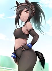 Rule 34 | 10s, 1girl, animal ears, bare shoulders, black gloves, black hair, black pantyhose, blue sky, breasts, brown eyes, brown thoroughbred (kemono friends), commentary request, crop top, dark-skinned female, dark skin, day, elbow gloves, extra ears, fingerless gloves, from side, gloves, hand on own hip, horizontal pupils, horse ears, horse girl, horse tail, japan racing association, kemono friends, long hair, looking at viewer, medium breasts, pantyhose, sky, smile, solo, tail, tank top, tsukasawa takamatsu