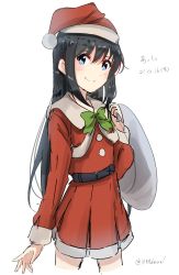 Rule 34 | 168admiral (sunflower), 1girl, adapted costume, asashio (kancolle), belt, black hair, blue eyes, capelet, christmas, dress, fur-trimmed dress, fur-trimmed headwear, fur trim, green ribbon, hair between eyes, hat, highres, holding, holding sack, kantai collection, long hair, long sleeves, merry christmas, neck ribbon, red capelet, red dress, red headwear, ribbon, sack, santa costume, santa hat, simple background, twitter username, white background
