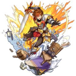 Rule 34 | 1boy, armor, armored boots, barrel, boots, bowl, brown hair, cat, chair, dragalia lost, explosion, full body, holding, karl (dragalia lost), lamp, looking at viewer, male focus, milk, multicolored hair, non-web source, official art, open mouth, saitou naoki, short hair, smile, solo, streaked hair, sword, transparent background, weapon