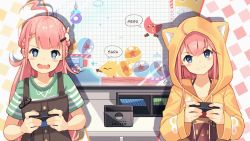 Rule 34 | 2girls, ahoge, animal ears, animal hood, black overalls, blue eyes, blush stickers, braid, cat ears, controller, fake animal ears, fang, game console, game controller, green shirt, hair ornament, hairclip, highres, hood, hoodie, kuri (animejpholic), long hair, multiple girls, nintendo switch, open mouth, original, overalls, pink hair, playing games, shirt, short sleeves, siblings, sisters, striped clothes, striped shirt, television, upper body, yellow hoodie, yellow shirt