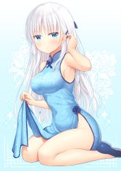 Rule 34 | 1girl, armpits, bare arms, bare shoulders, blue background, blue dress, blue eyes, blue footwear, blush, breasts, china dress, chinese clothes, closed mouth, commentary request, commission, dress, floral background, gradient background, hair ornament, hairclip, hand up, highres, long hair, looking at viewer, medium breasts, nakamura hinato, naruse shiroha, no panties, pelvic curtain, shoes, sitting, skeb commission, sleeveless, sleeveless dress, solo, sparkle, summer pockets, very long hair, wariza, white background, white hair