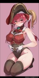 Rule 34 | 1girl, bare shoulders, belly grab, black thighhighs, blush, breasts, cleavage, gloves, hat, heterochromia, hololive, houshou marine, jacket, large breasts, leotard, leotard under clothes, long hair, looking at viewer, pink background, pink hair, pirate hat, plump, red eyes, see-through, see-through cleavage, see-through leotard, seiza, simao (x x36131422), simple background, sitting, sleeveless, smile, solo, thick thighs, thighhighs, thighs, twintails, virtual youtuber, white gloves, yellow eyes