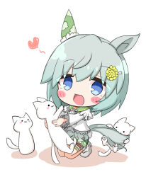 Rule 34 | 1girl, :d, animal ears, blue eyes, blush stickers, cat, chibi, colored shadow, commentary request, flower, frilled sleeves, frills, full body, green shorts, grey hair, hair between eyes, hair flower, hair ornament, hairclip, heart, horse ears, horse girl, horse tail, komakoma (magicaltale), long sleeves, open mouth, puffy long sleeves, puffy sleeves, see-through, seiun sky (umamusume), shadow, shirt, short shorts, shorts, simple background, smile, solo, tail, umamusume, white background, white cat, white shirt, yellow flower