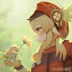 Rule 34 | 1girl, absurdres, ahoge, backpack, bag, blurry, brown gloves, brown scarf, cabbie hat, clover print, coat, commentary request, depth of field, flower, from side, genshin impact, gloves, hair between eyes, hamster, hat, hat feather, hat ornament, highres, holding, hood, hooded coat, klee (genshin impact), light brown hair, long hair, long sleeves, looking at another, low twintails, orange eyes, pointy ears, randoseru, red coat, red hat, scarf, sidelocks, smile, tomori-san (pixiv 7519735), twintails