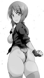 Rule 34 | 1girl, artist request, ass, breasts, curvy, female focus, ghost in the shell, ghost in the shell stand alone complex, highleg, highleg leotard, highres, kusanagi motoko, large breasts, leotard, looking back, monochrome, short hair, sideboob, smile, solo, thick thighs, thighhighs, thighs