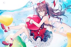 Rule 34 | 1girl, bad id, bad pixiv id, boots, bow, brown hair, cherry, dress, earrings, food, frilled dress, frills, fruit, hair between eyes, hair tie, ice, ice cube, idolmaster, idolmaster shiny colors, jewelry, kiwi (fruit), kiwi slice, long hair, looking at viewer, migolu, osaki tenka, partially underwater shot, ponytail, red bow, red dress, red footwear, sidelocks, simple background, solo, submerged, tareme, underwater, white background, wrist cuffs, yellow eyes