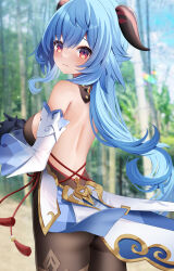 Rule 34 | 1girl, absurdres, ass, back, backless outfit, bare back, bare shoulders, black gloves, blue hair, bodysuit, brown bodysuit, cowboy shot, detached sleeves, from behind, ganyu (genshin impact), genshin impact, gloves, goat horns, gold trim, highres, horns, long hair, long sleeves, looking at viewer, looking back, outdoors, red eyes, sapphire (sapphire25252), smile, solo, standing