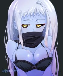 Rule 34 | 1girl, artist name, black sclera, blue skin, breasts, cleavage, colored sclera, colored skin, haysey, highres, lala (monster musume), large breasts, looking at viewer, monster musume no iru nichijou, simple background, solo, white hair, yellow eyes