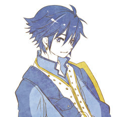 Rule 34 | 1boy, ahoge, alternate eye color, blue eyes, blue hair, colored eyelashes, colored skin, earrings, fire emblem, fire emblem awakening, hair between eyes, haruno (toddy), head tilt, inigo (fire emblem), jewelry, long sleeves, looking at viewer, male focus, matching hair/eyes, nintendo, parted lips, shield, simple background, solo, strap, symbol-shaped pupils, white background, white skin