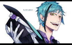 Rule 34 | 1boy, blue hair, character name, collared shirt, commentary request, earrings, floyd leech, gloves, green eyes, hand up, hat, heterochromia, highres, holding, holding clothes, holding hat, jewelry, letterboxed, looking at viewer, male focus, multicolored hair, purple shirt, sharp teeth, shirt, short hair, simple background, streaked hair, teeth, twisted wonderland, unworn hat, unworn headwear, upper body, white background, white gloves, yellow eyes, zzb azz