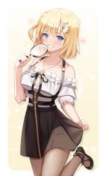 Rule 34 | :d, absurdres, bare shoulders, black footwear, black ribbon, black skirt, blonde hair, blue eyes, blush, breasts, brown pantyhose, collarbone, flower, frilled shirt, frilled sleeves, frills, gradient background, grin, hair ornament, hairclip, high-waist skirt, highres, holding, hololive, hololive english, jewelry, key, key necklace, leg up, magnifying glass, medium breasts, nail polish, necklace, off-shoulder shirt, off shoulder, one side up, open mouth, pantyhose, ribbon, shirt, short hair, shuvi (shuvi1125), skirt, skirt hold, smile, solo, standing, standing on one leg, teeth, virtual youtuber, watson amelia, watson amelia (street casual), white shirt, yellow background, yellow nails, zipper, zipper pull tab