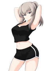 Rule 34 | 1girl, absurdres, aikir (jml5160), alternate hairstyle, armpits, arms behind head, arms up, black shirt, black shorts, blue eyes, casual, closed mouth, commentary, cowboy shot, dolphin shorts, girls und panzer, gym shorts, hair up, half-closed eyes, highres, itsumi erika, light frown, looking at viewer, medium hair, midriff, navel, ponytail, shirt, short shorts, shorts, silver hair, simple background, solo, standing, tank top, white background
