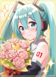 Rule 34 | 1girl, bare shoulders, black sleeves, blue hair, blush, bouquet, closed mouth, collared shirt, dated, detached sleeves, diamond (shape), flower, frilled shirt, frills, from side, hair between eyes, hair ornament, happy birthday, hatsune miku, headset, highres, holding, holding bouquet, inset border, long hair, long sleeves, looking at viewer, microphone, number tattoo, hugging object, pink flower, shirt, sidelocks, sleeveless, sleeveless shirt, smile, snowmi, solo, spring onion, tattoo, twintails, upper body, very long hair, vocaloid, white shirt