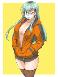 Rule 34 | 1girl, aqua hair, border, breasts, brown thighhighs, cleavage, collarbone, green eyes, hair between eyes, hair ornament, hairclip, hands in pockets, hood, hoodie, kantai collection, large breasts, long hair, mask, mikagami sou, mouth mask, navel, no bra, open clothes, open hoodie, orange hoodie, outside border, sidelocks, simple background, solo, straight hair, suzuya (kancolle), thighhighs, upper body, white border, yellow background