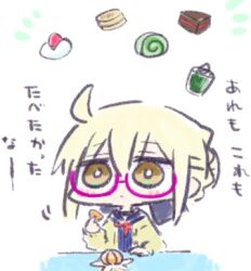 1girl artoria_pendragon_(fate) blonde_hair blue_sailor_collar blue_shirt blush braid brown_cardigan brown_eyes cardigan chibi closed_mouth commentary_request fate/grand_order fate_(series) food fruit glasses hair_between_eyes holding holding_food kasuga_yuuki long_sleeves lowres mandarin_orange mysterious_heroine_x_alter_(fate) neckerchief open_cardigan open_clothes puffy_long_sleeves puffy_sleeves purple-tinted_eyewear red_neckerchief sailor_collar semi-rimless_eyewear shirt simple_background sleeves_past_wrists solo tinted_eyewear translation_request under-rim_eyewear upper_body white_background