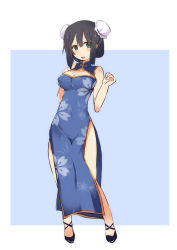 Rule 34 | 1girl, black hair, blue background, blue dress, breasts, bun cover, character request, china dress, chinese clothes, cleavage, copyright request, double bun, dress, full body, green eyes, highres, looking at viewer, open mouth, shirogane (platinum), short hair, solo, standing, two-tone background, w arms, white background